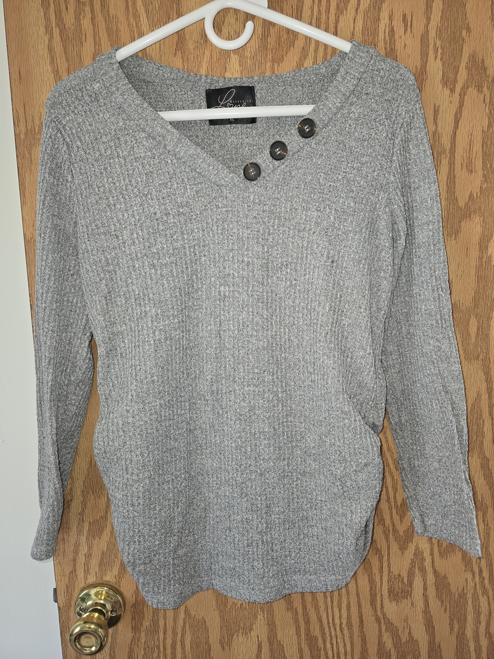 Love Women's Gray Maternity Button-Accent V-Neck Sweater
